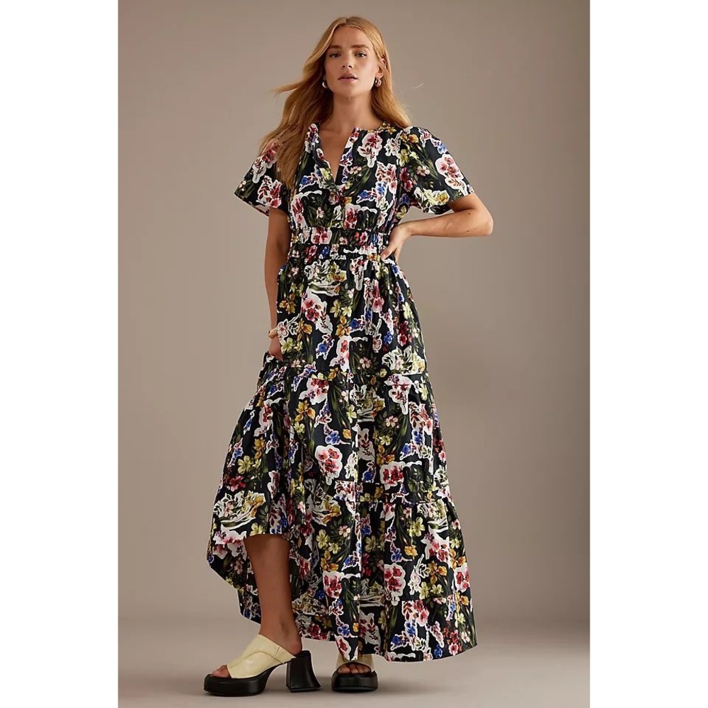 Anthropologie Somerset Maxi Dress Large Floral Tiered Smocked Cotton Cottagecore